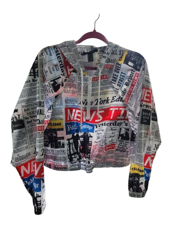 Forever 21 Tops - Forever 21 Newspaper Print Cropped Hoodie w/Red & Blue Accents 🎉Host Pick🎉NWOT